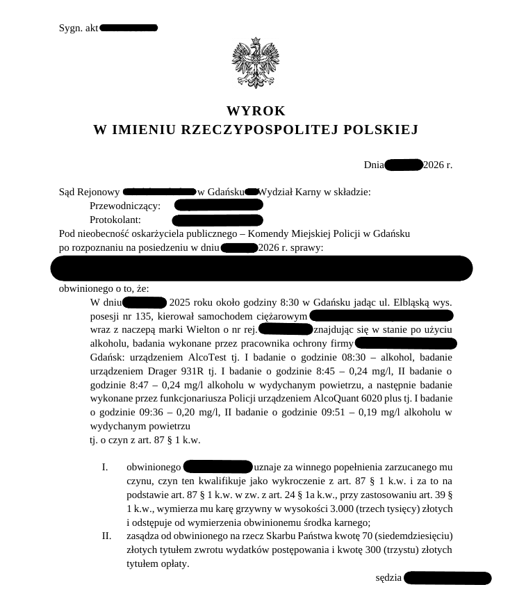 Wyrok bez zakazu prowadzenia pojazdów