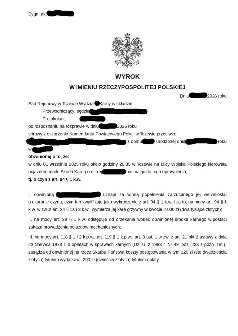 Kolejny wyrok bez zakazu prowadzenia pojazdów